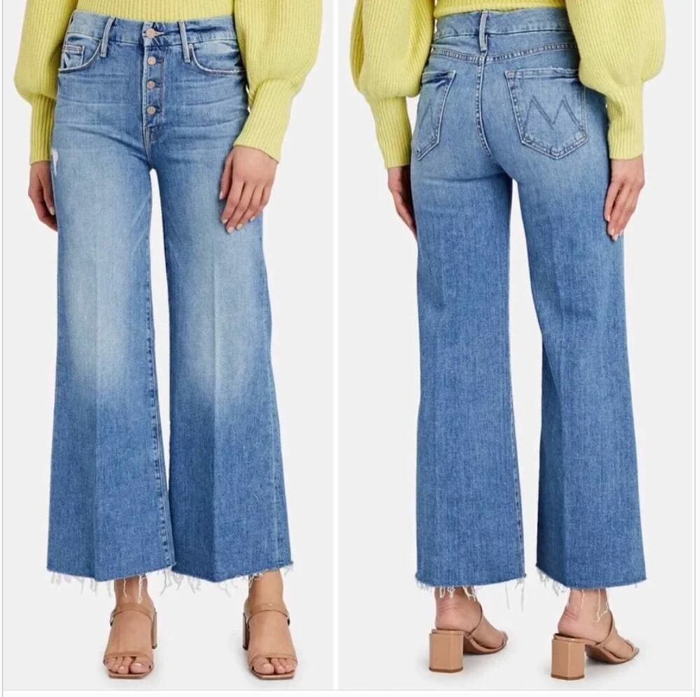 MOTHER The Pixie Roller Ankle Fray Wide Leg Denim Jeans Pants Let's Kick It Wash